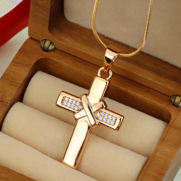 "Rose Gold Cross Pendant with Crystal Detail and Polished Finish, XPPT1484 - Picture 1 of 13
